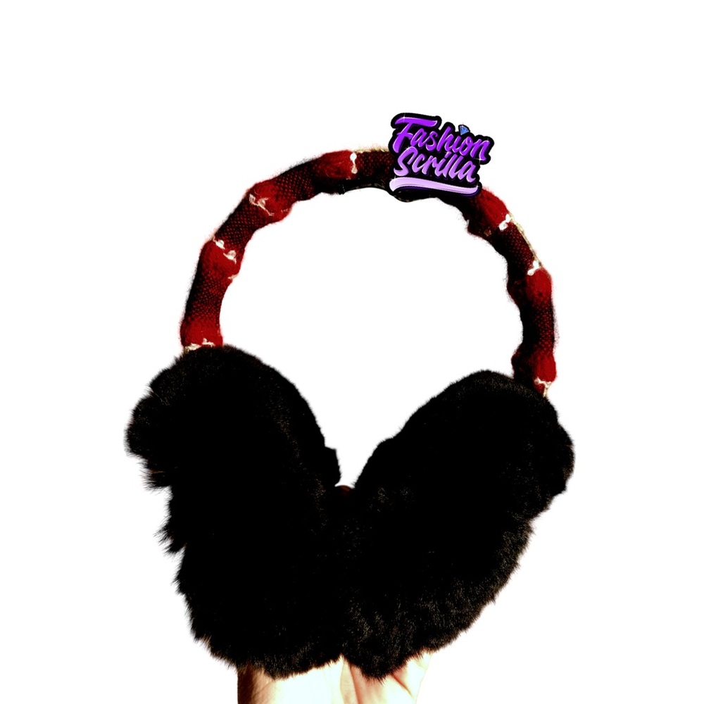 Chanel Couture Black Orylag Fur Red Gray & White Tweed Earmuffs - Picture 11 of 14